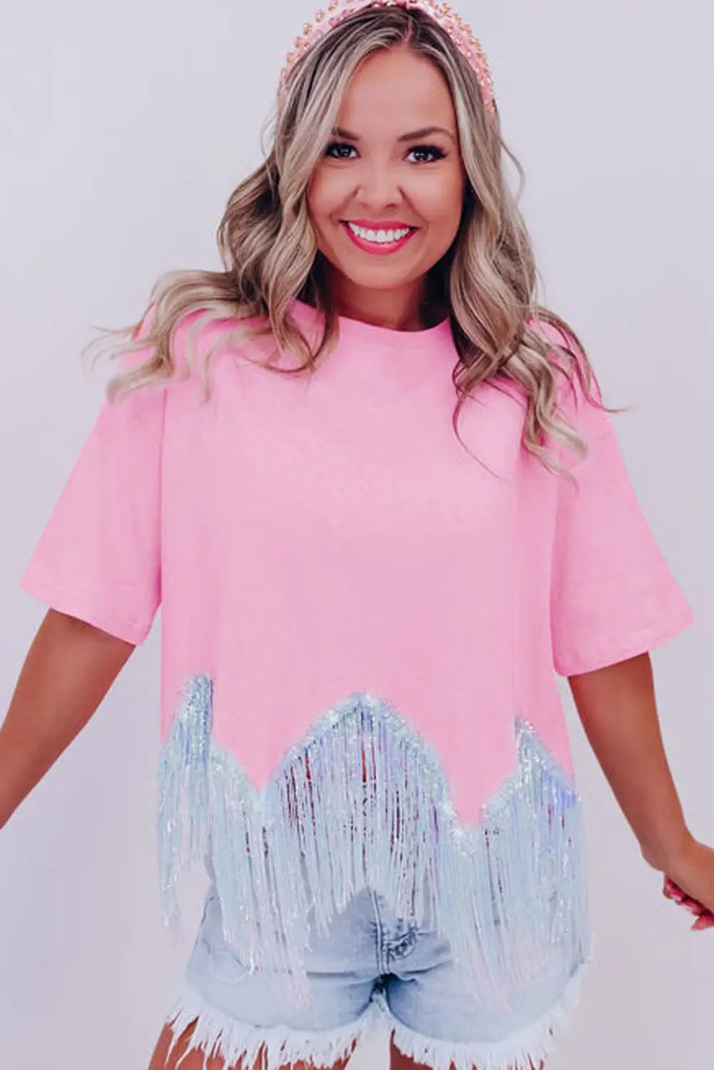 Pink fringed sequin crop t-shirt - tops