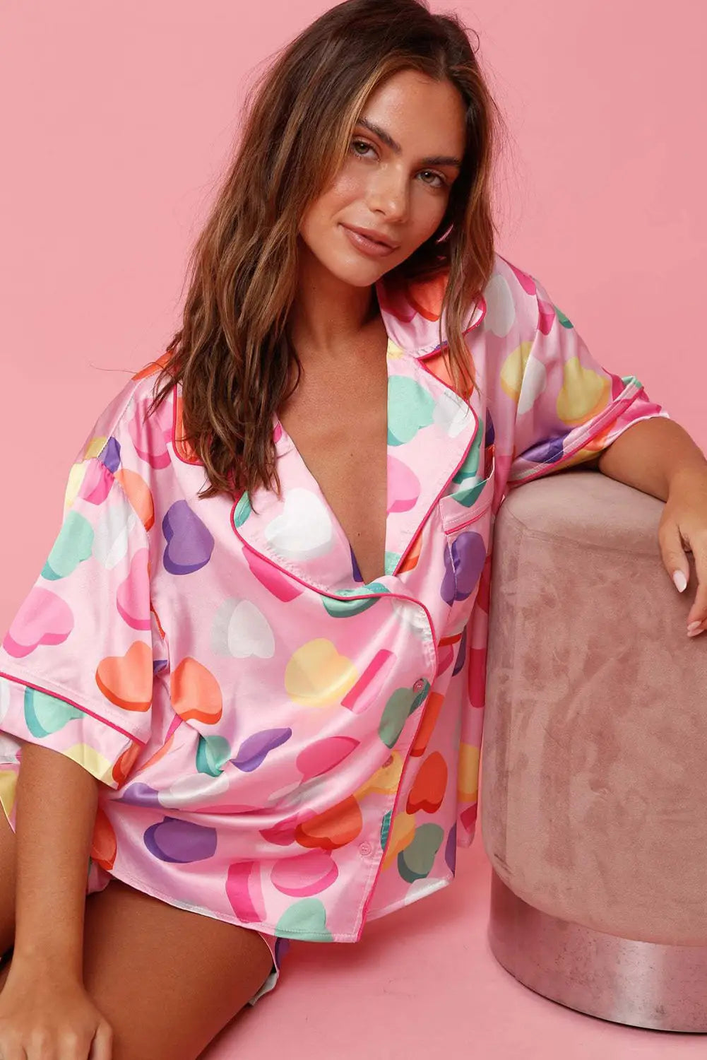 Pink full pattern shirt and shorts satin pajama set - sets