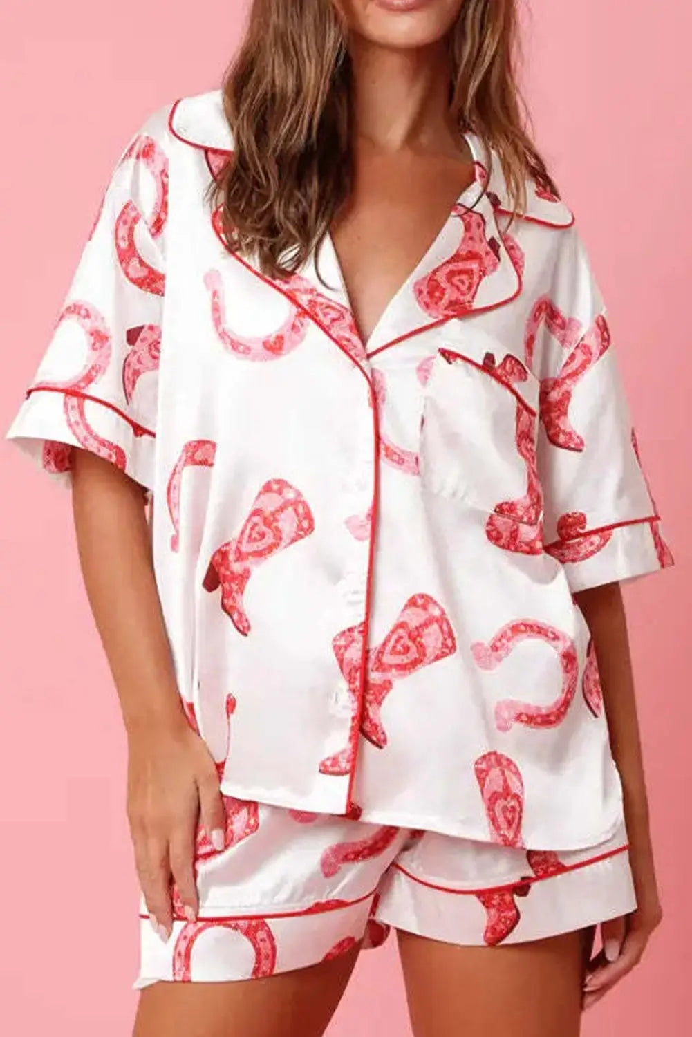 Pink full pattern shirt and shorts satin pajama set - white