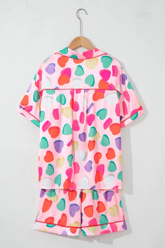 Pink full pattern shirt and shorts satin pajama set