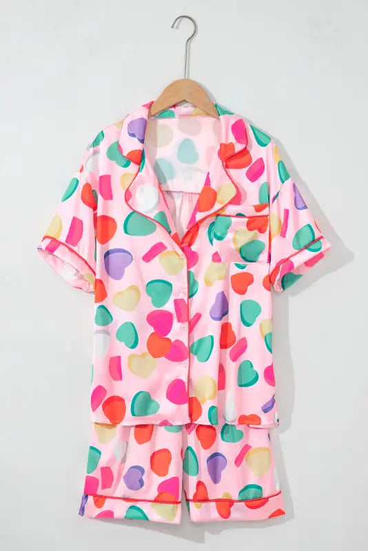 Pink full pattern shirt and shorts satin pajama set