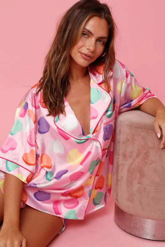 Pink full pattern shirt and shorts satin pajama set