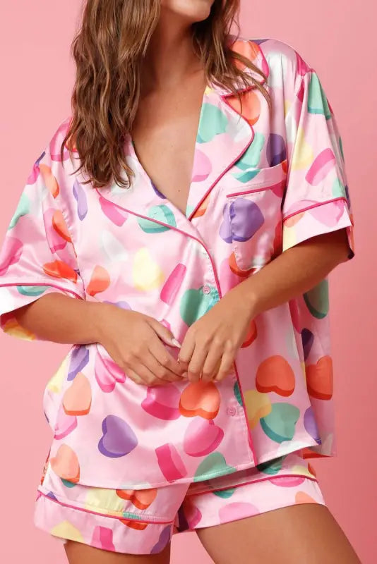 Pink full pattern shirt and shorts satin pajama set