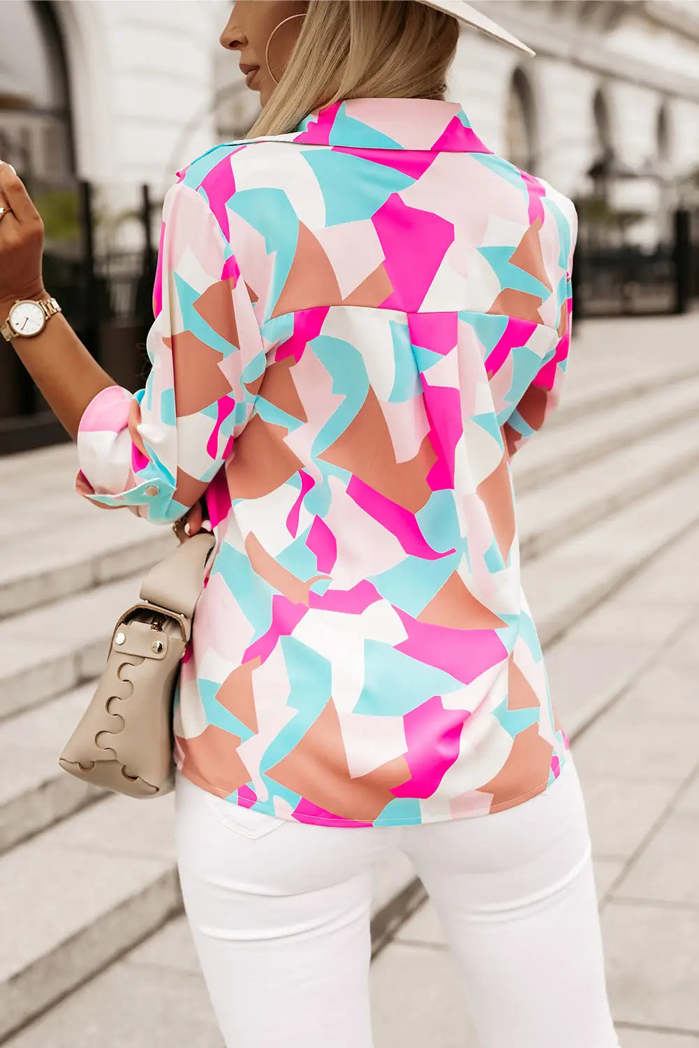 Pink geometric block printed roll tab sleeve shirt - blouses & shirts