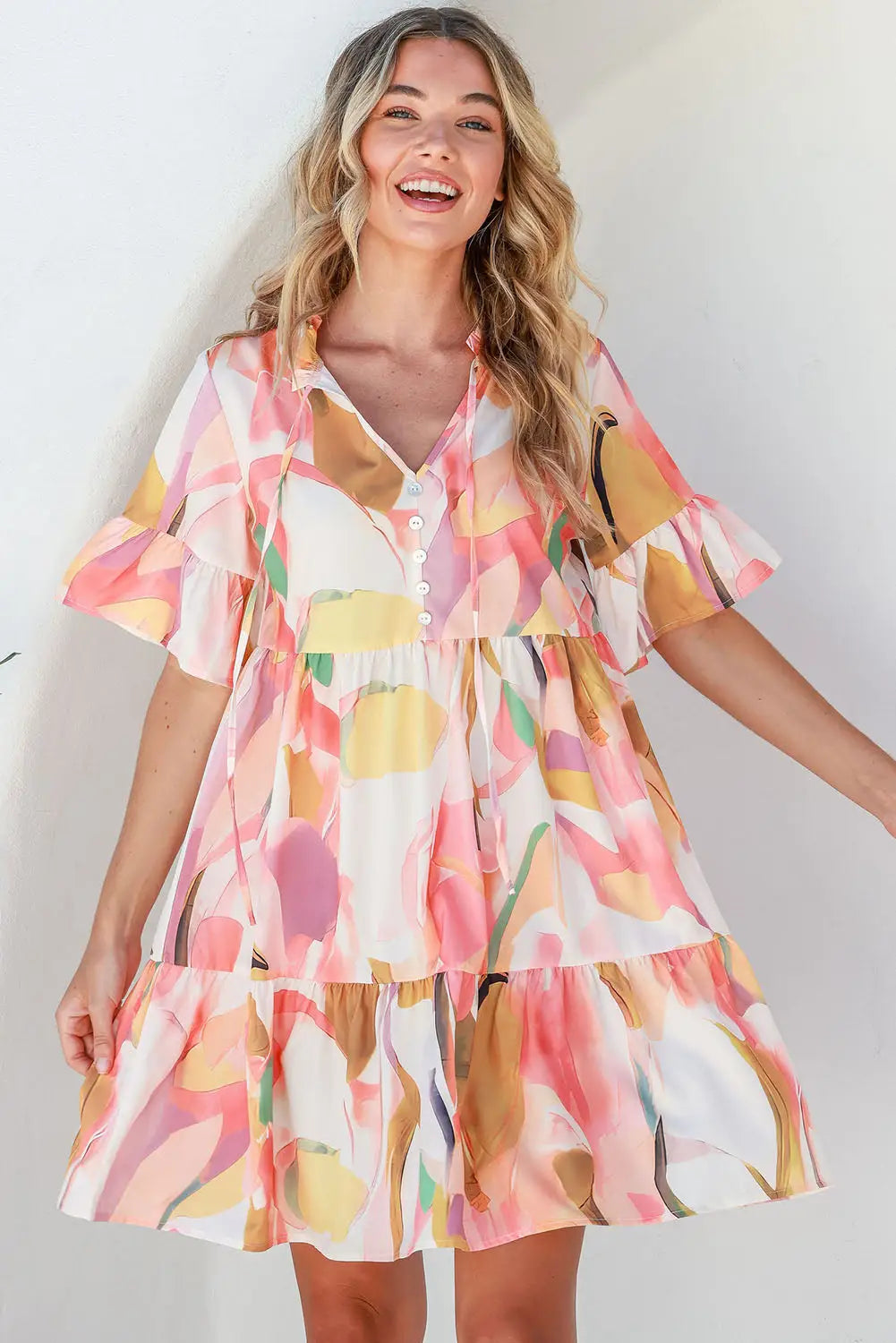 Pink geometric print ruffled short sleeve tied v-neck mini dress - dresses