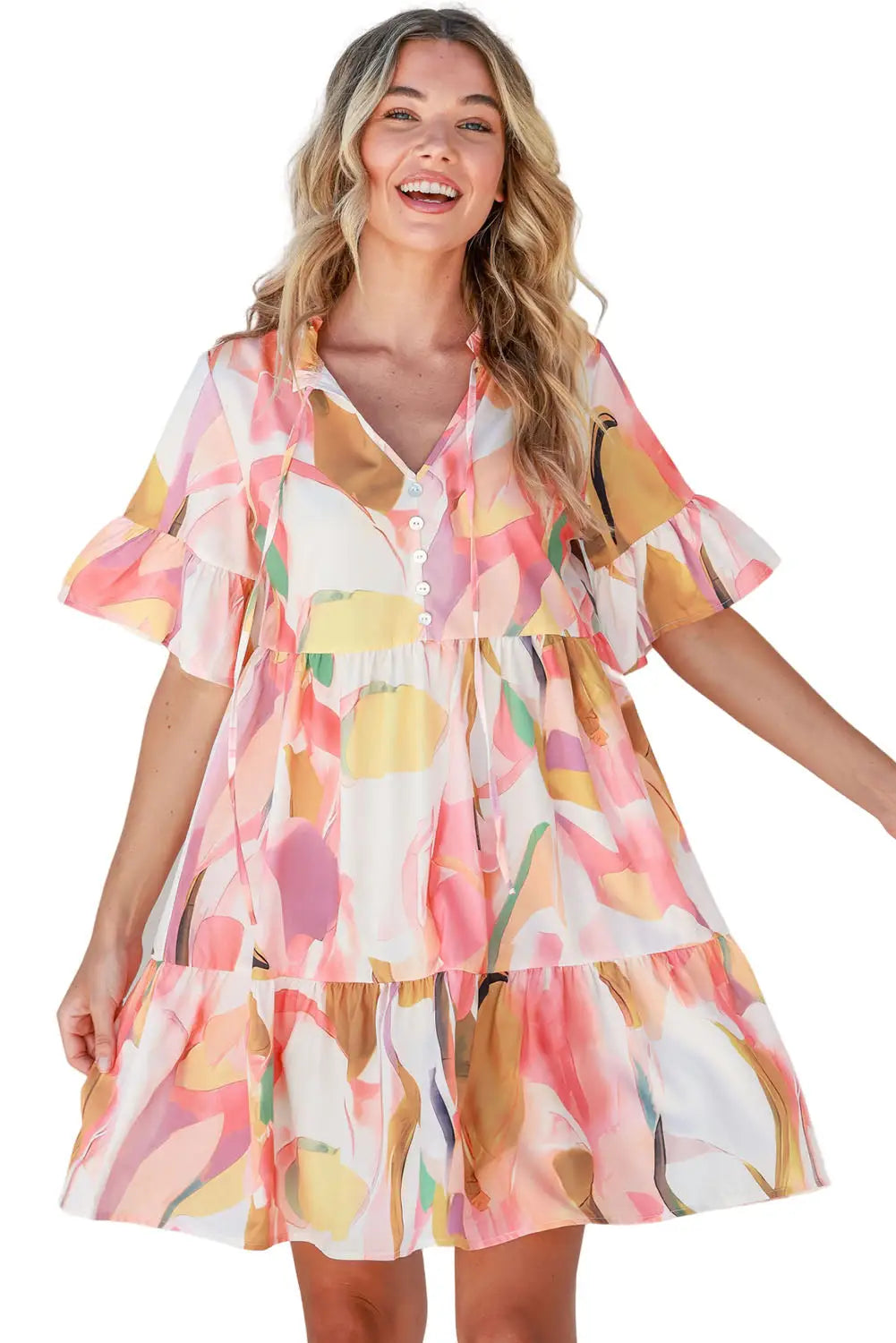 Pink geometric print ruffled short sleeve tied v-neck mini dress - dresses