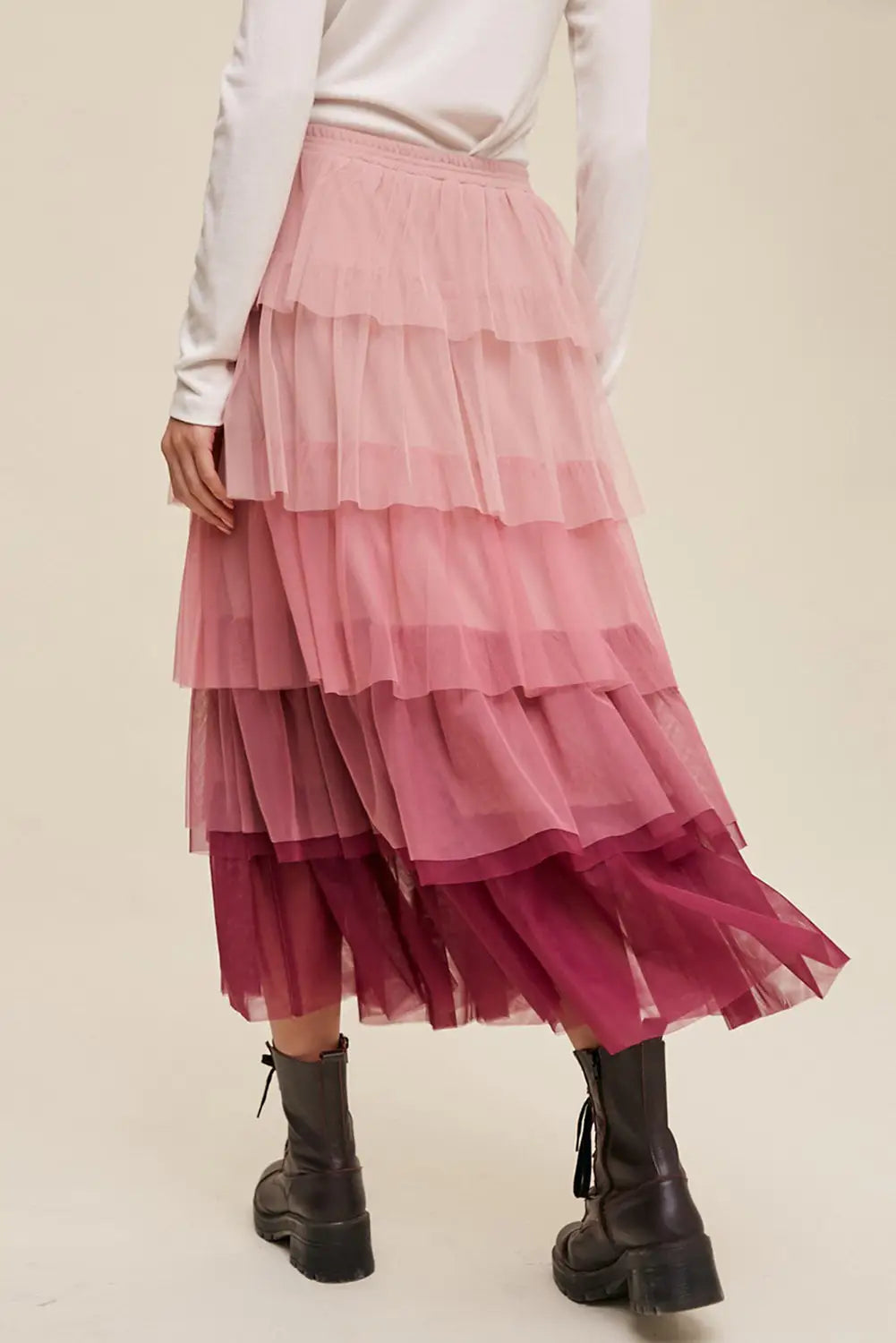 Pink gradient ruffle tiered mesh maxi skirt - skirts