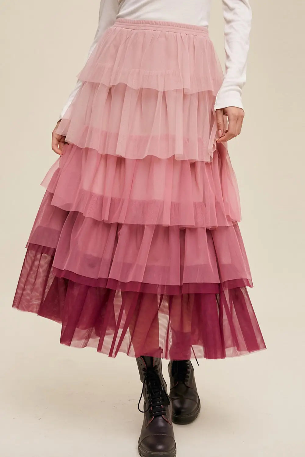 Pink gradient ruffle tiered mesh maxi skirt - s / 100% polyester - skirts