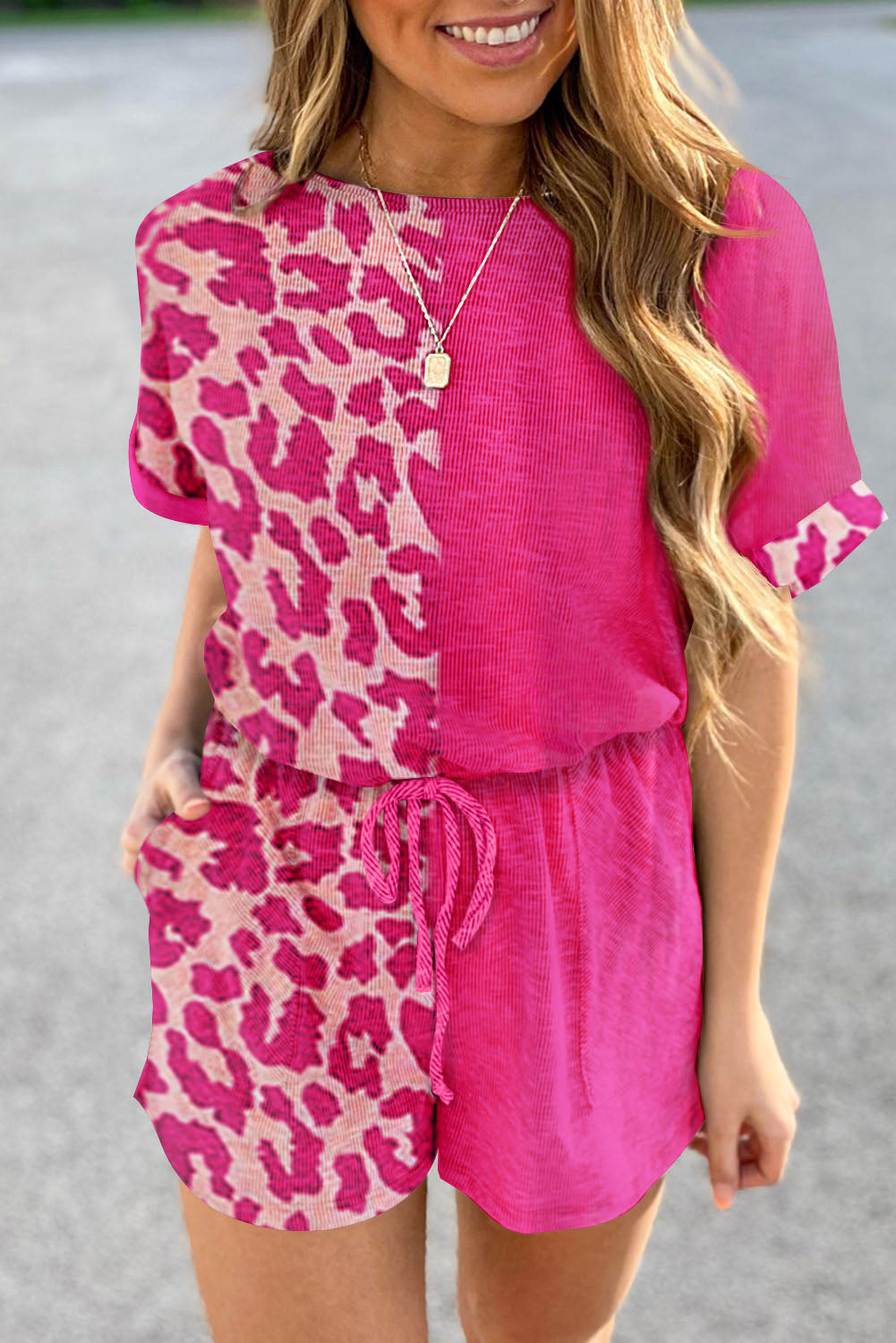 Pink half leopard print drawstring knit romper - jumpsuits & rompers