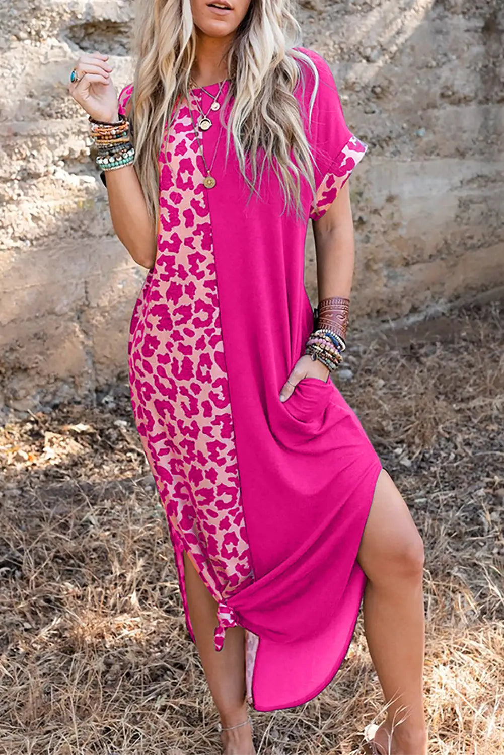 Pink half leopard print drawstring knit romper - rose / s / 90% polyester + 10% elastane - jumpsuits & rompers