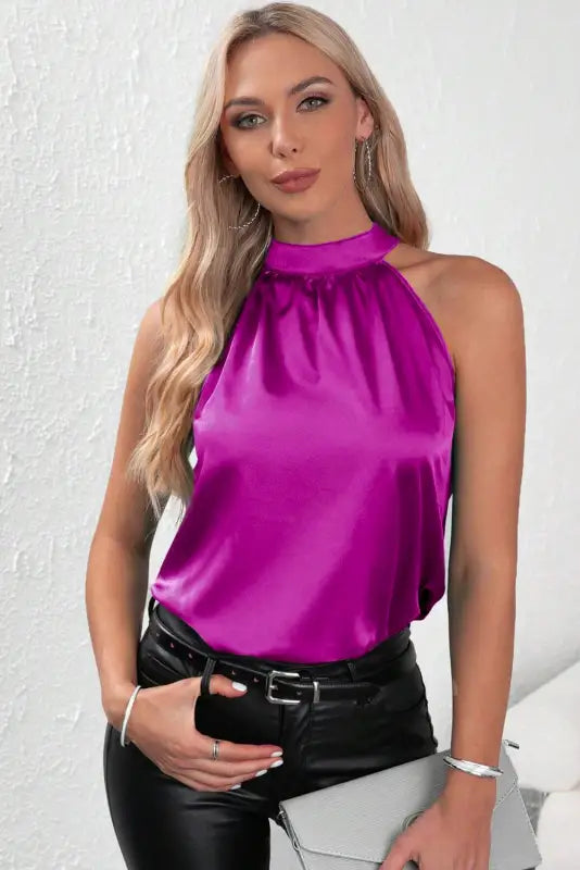 Pink halter neck satin top - tops