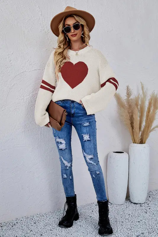 Pink heart graphic wide sleeves sweater - sweaters & cardigans