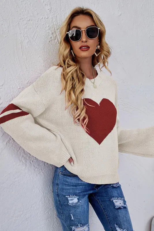 Pink heart graphic wide sleeves sweater - sweaters & cardigans