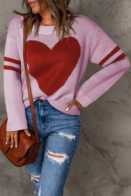 Pink heart graphic wide sleeves sweater - s / 100% polyester - sweaters & cardigans