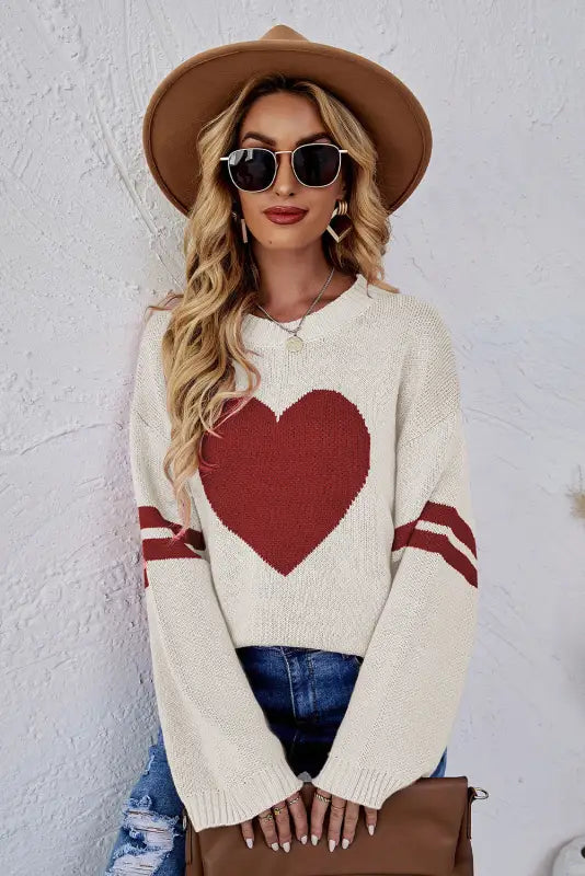 Pink heart graphic wide sleeves sweater - sweaters & cardigans