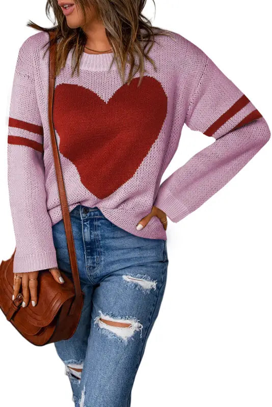 Pink heart graphic wide sleeves sweater - sweaters & cardigans