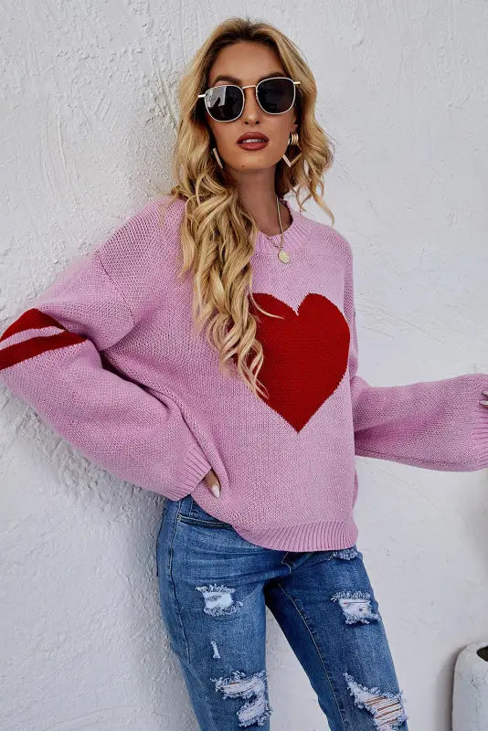 Pink heart graphic wide sleeves sweater - sweaters & cardigans