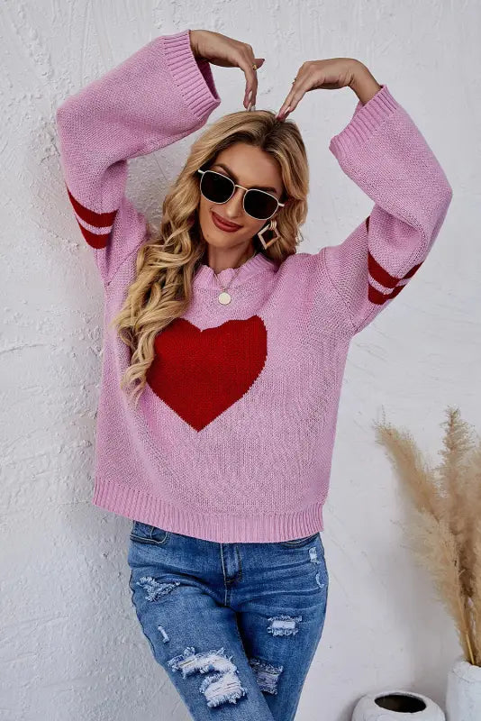 Pink heart graphic wide sleeves sweater - sweaters & cardigans