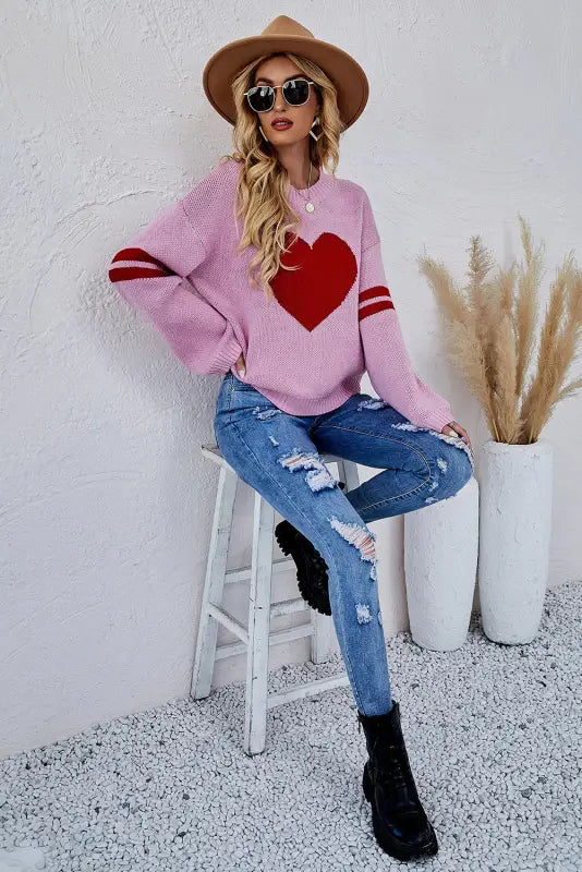 Pink heart graphic wide sleeves sweater - sweaters & cardigans