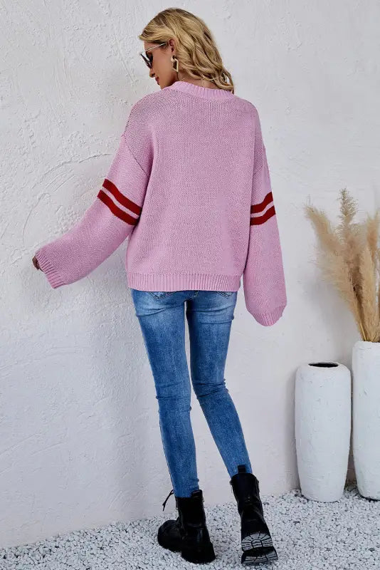 Pink heart graphic wide sleeves sweater - sweaters & cardigans