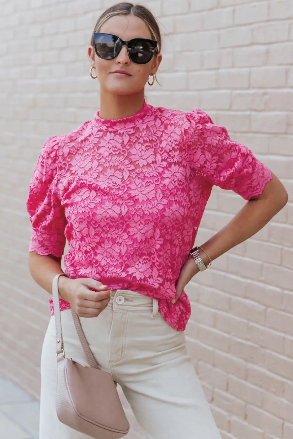 High neck short sleeve lace top - pink / s / 90% polyamide + 10% elastane - blouses