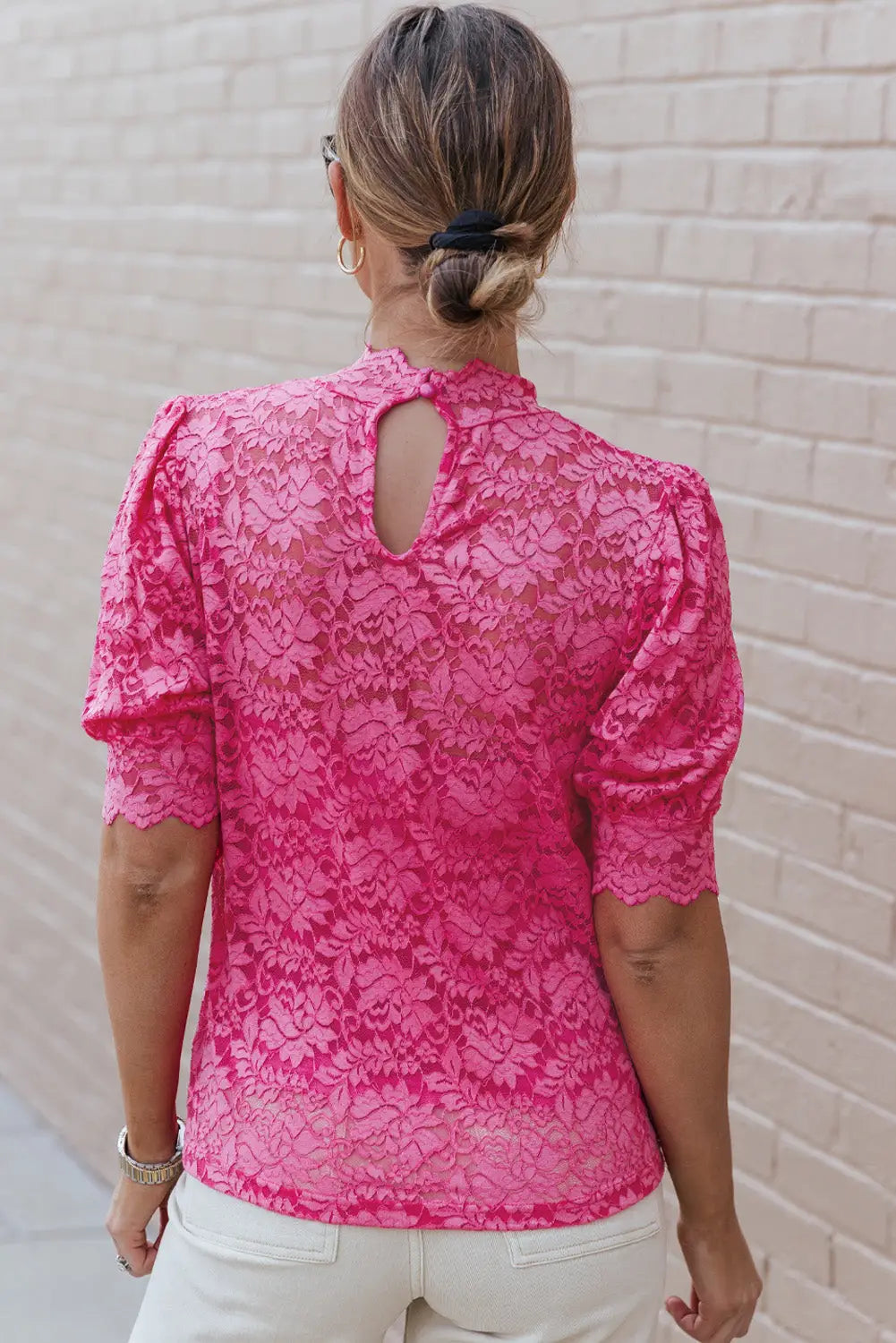Pink high neck lace short sleeve top - tops