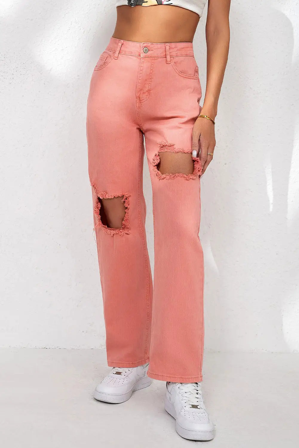 Pink high waist ripped straight leg pocket jeans - 6 / 98% cotton + 2% elastane