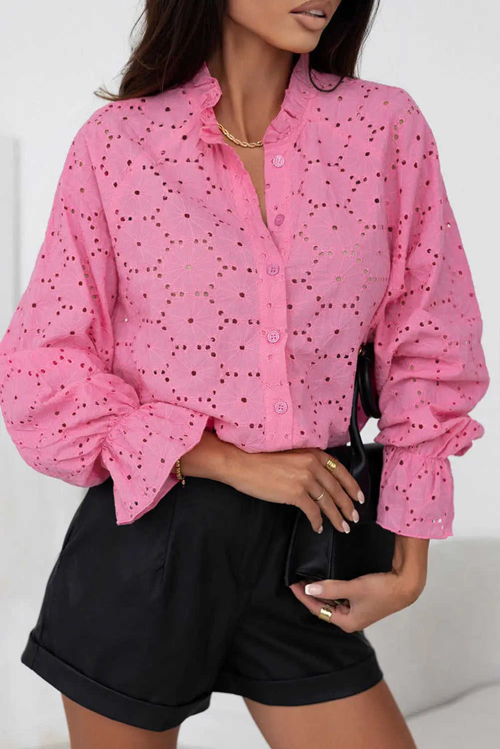Pink hollow out embroidered floral shirt - s / 100% cotton - blouses & shirts
