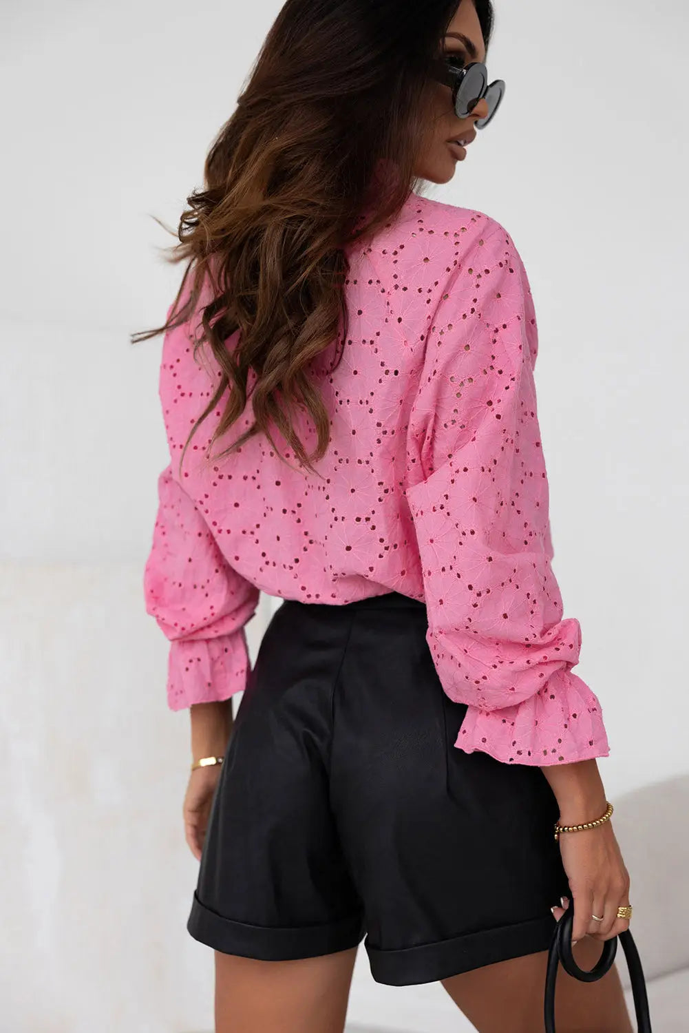 Pink hollow out embroidered floral shirt - blouses & shirts