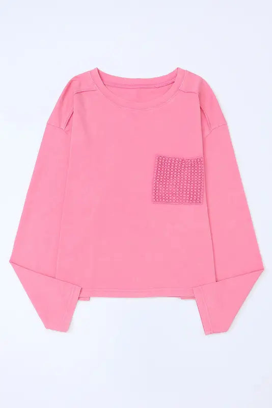 Pink lace patch pocket long sleeve t-shirt - tops