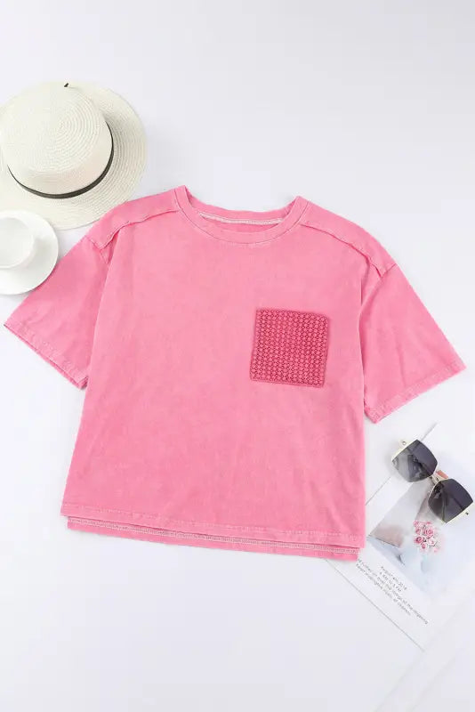 Pink lace patch pocket long sleeve t-shirt - tops