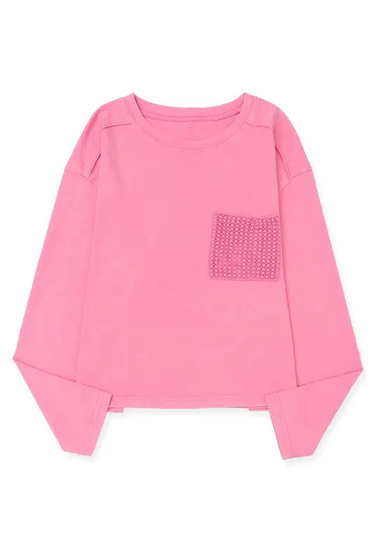 Pink lace patch pocket long sleeve t-shirt - tops