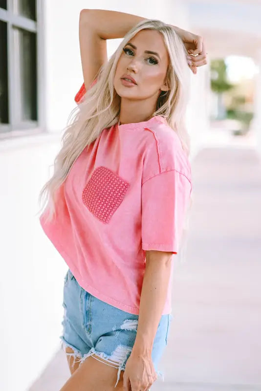 Pink lace patch pocket long sleeve t-shirt - tops