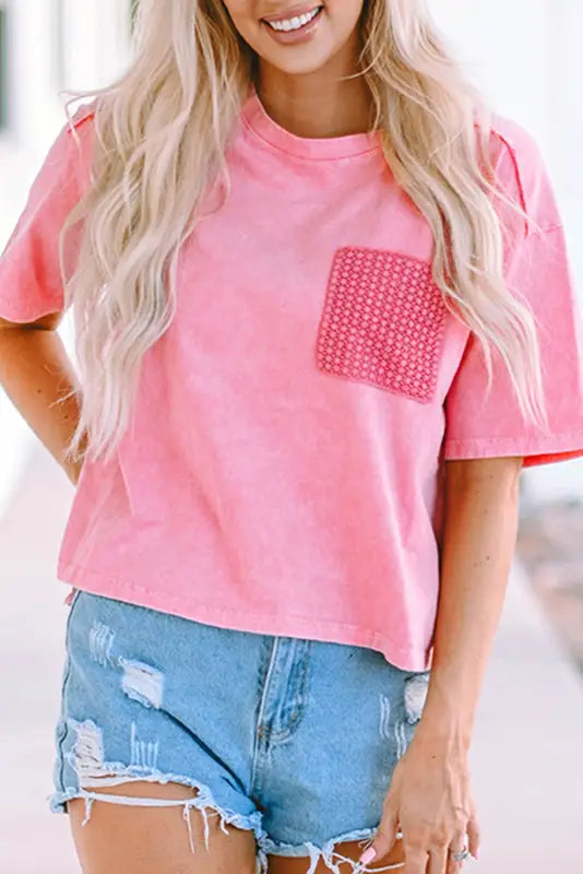 Pink lace patch pocket long sleeve t-shirt - tops