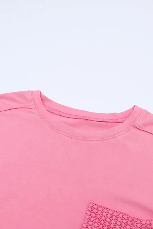 Pink lace patch pocket long sleeve t-shirt - tops