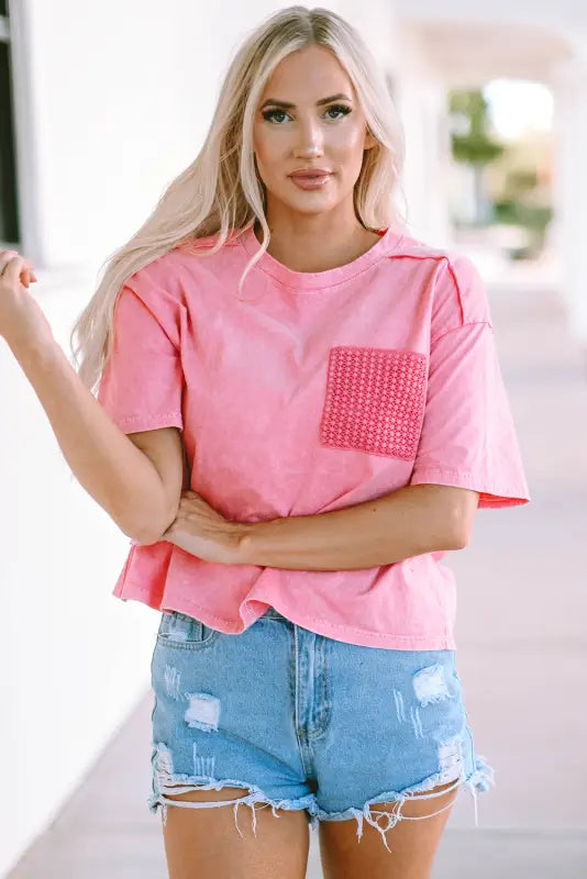 Pink lace patch pocket long sleeve t-shirt - tops