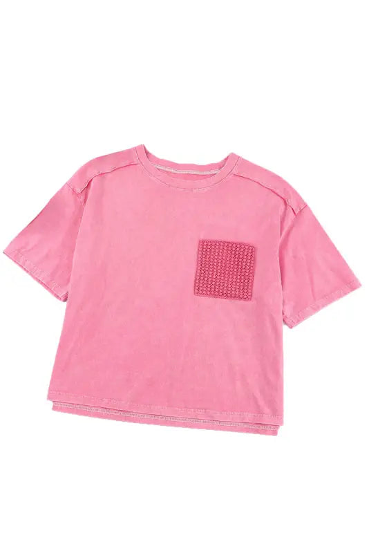 Pink lace patch pocket long sleeve t-shirt - tops