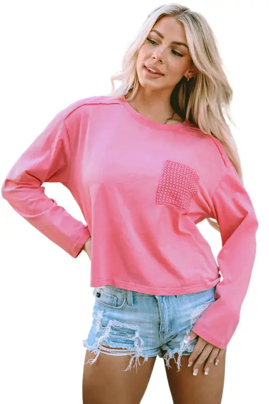 Pink lace patch pocket long sleeve t-shirt - tops