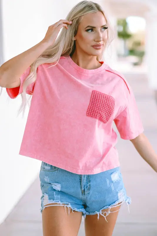 Pink lace patch pocket long sleeve t-shirt - tops