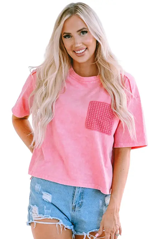 Pink lace patch pocket long sleeve t-shirt - tops