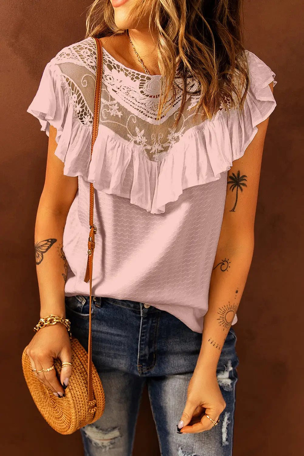 Pink lace splicing ruffled short sleeve t-shirt - s - tops