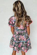 Pink Leopard Floral Print Wavy Embellished Mini Dress - Fashionfitz