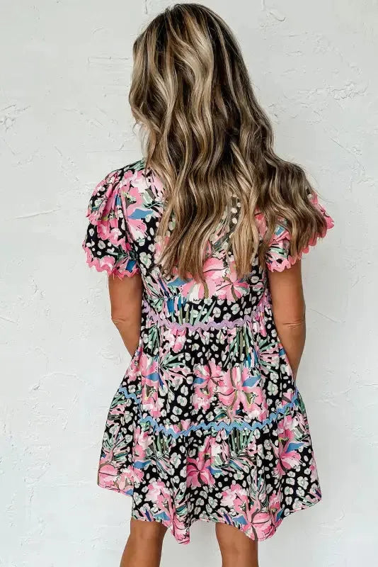 Pink Leopard Floral Print Wavy Embellished Mini Dress - Fashionfitz