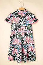 Pink Leopard Floral Print Wavy Embellished Mini Dress - Fashionfitz