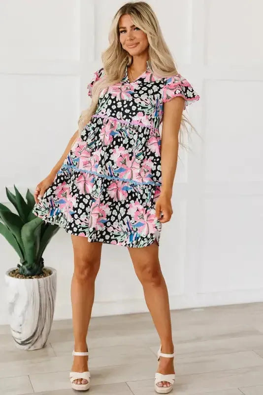 Pink Leopard Floral Print Wavy Embellished Mini Dress - Fashionfitz