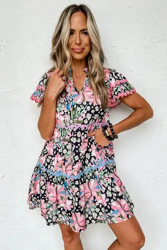 Pink Leopard Floral Print Wavy Embellished Mini Dress - Fashionfitz