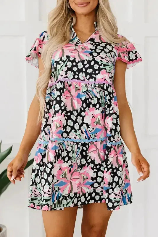 Pink Leopard Floral Print Wavy Embellished Mini Dress - Fashionfitz