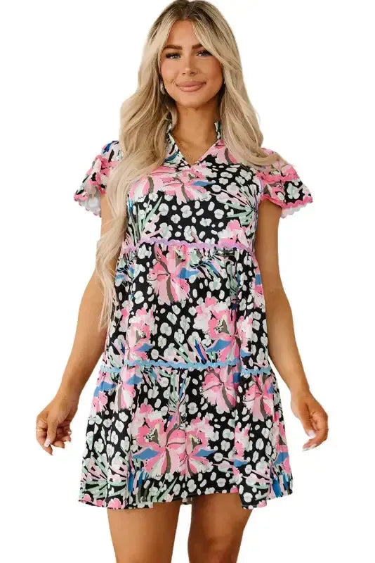 Pink Leopard Floral Print Wavy Embellished Mini Dress - Fashionfitz