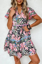 Pink Leopard Floral Print Wavy Embellished Mini Dress - Fashionfitz