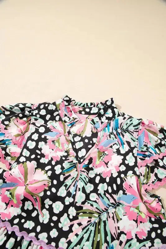 Pink Leopard Floral Print Wavy Embellished Mini Dress - Fashionfitz